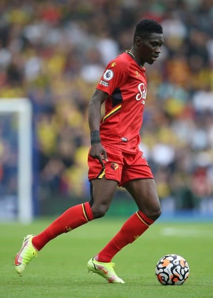 Ismaila Sarr of Watford on the ball during the Premier League match between Brighton & Hove Albion and Watford at American Express Community Stadium...