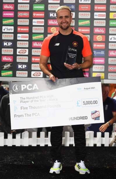 Liam Livingstone of Birmingham Phoenix Men poses after being named The Hundred Men's Player of the Year following The Hundred Final match between...