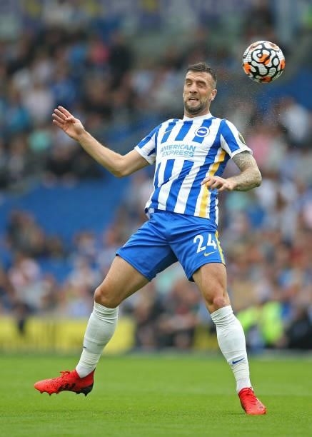 Shane Duffy of Brighton & Hove Albion heads the ball during the Premier League match between Brighton & Hove Albion and Watford at American Express...