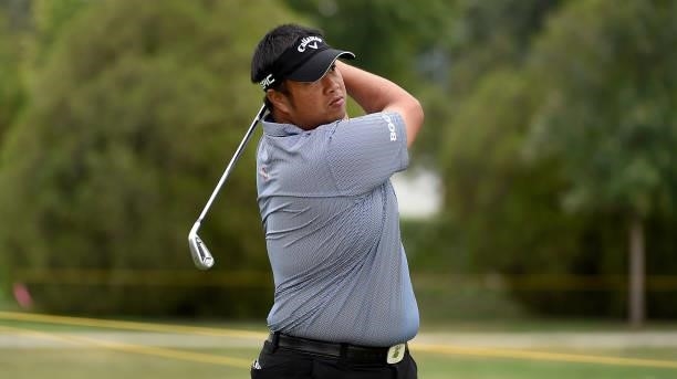Kiradech Aphibarnrat of Thailand hits his tee shot on the eighth hole during the round three of the Albertsons Boise Open at Hillcrest Country Club...