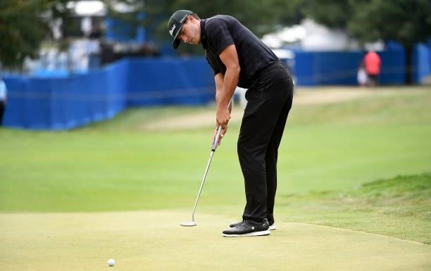 Joseph Bramlett hits his eagle putt attempt during the round three of the Albertsons Boise Open at Hillcrest Country Club on August 21, 2021 in...