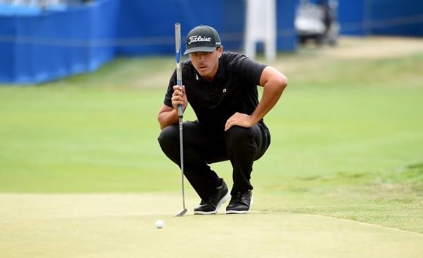 Joseph Bramlett lines up his eagle putt attempt during the round three of the Albertsons Boise Open at Hillcrest Country Club on August 21, 2021 in...