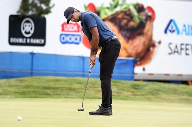 Aaron Rai of England hits his eagle putt attempt on the 16th hole during the round three of the Albertsons Boise Open at Hillcrest Country Club on...