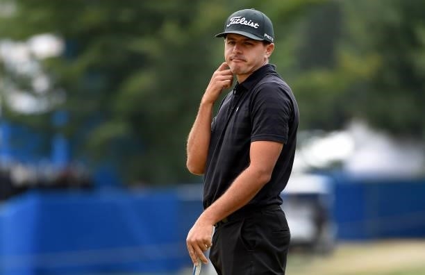 Joseph Bramlett reacts to missing his eagle putt attempt during the round three of the Albertsons Boise Open at Hillcrest Country Club on August 21,...