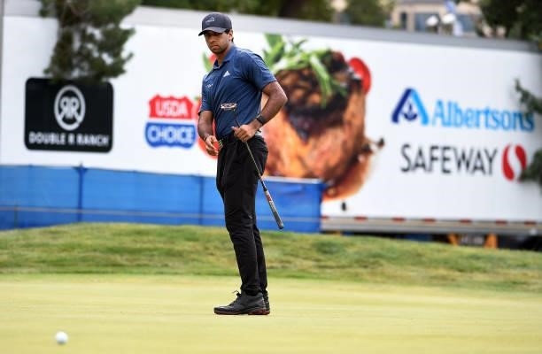Aaron Rai of England watches his eagle putt attempt on the 16th hole during the round three of the Albertsons Boise Open at Hillcrest Country Club on...