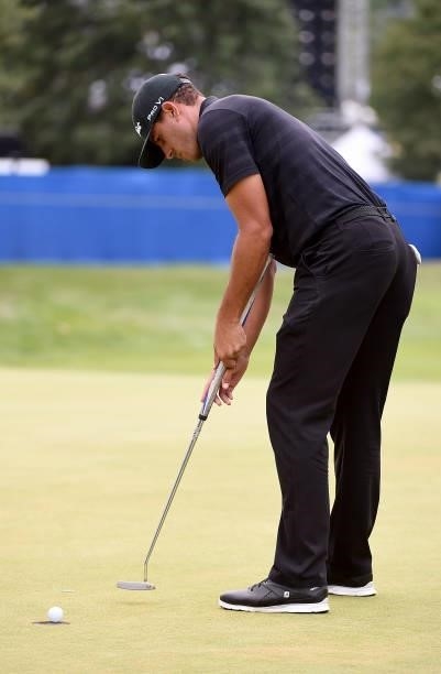 Joseph Bramlett sinks his birdie putt attempt during the round three of the Albertsons Boise Open at Hillcrest Country Club on August 21, 2021 in...