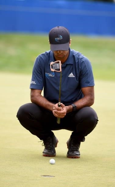 Aaron Rai of England lines up his birdie putt on the 16th hole during the round three of the Albertsons Boise Open at Hillcrest Country Club on...