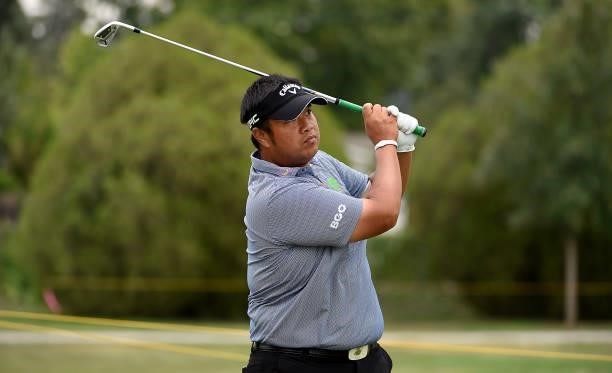 Kiradech Aphibarnrat of Thailand hits his tee shot on the eighth hole during the round three of the Albertsons Boise Open at Hillcrest Country Club...