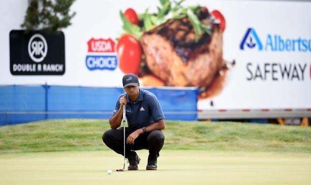 Aaron Rai of England lines up his eagle putt attempt on the 16th hole during the round three of the Albertsons Boise Open at Hillcrest Country Club...