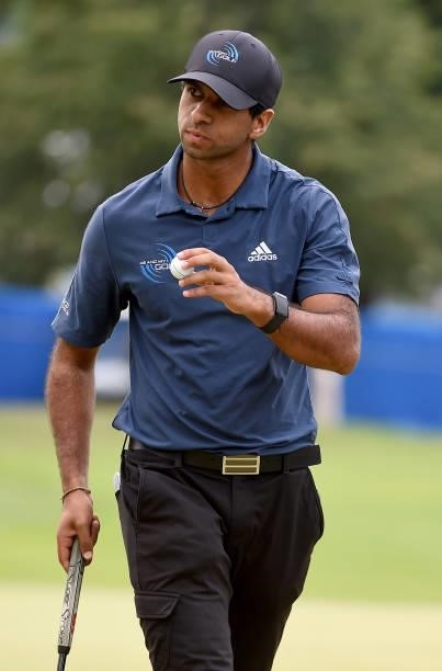 Aaron Rai of England acknowledges the gallery after sinking his birdie putt on the 16th hole during the round three of the Albertsons Boise Open at...