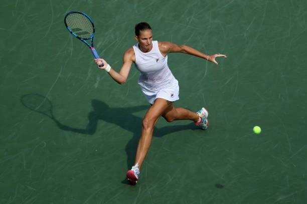 Karolina Pliskova of the Czech Republic plays a forehand during her match against Jil Teichmann of Switzerland during day 7 of the Western & Southern...