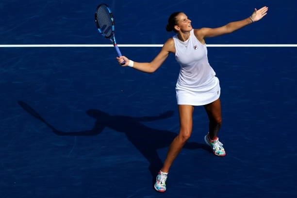 Karolina Pliskova of the Czech Republic plays a forehand during her match against Jil Teichmann of Switzerland during day 7 of the Western & Southern...