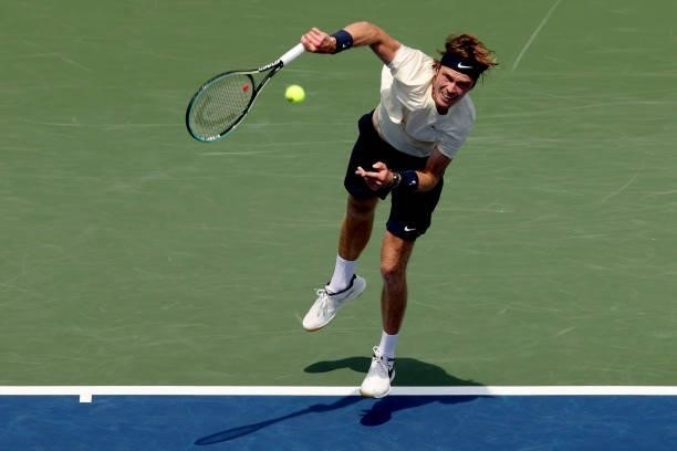 Andrey Rublev of Russia serves to Daniil Medvedev of Russia during the semifinals of the Western & Southern Open at Lindner Family Tennis Center on...