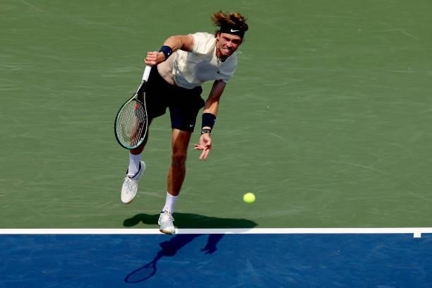 Andrey Rublev of Russia serves to Daniil Medvedev of Russia during the semifinals of the Western & Southern Open at Lindner Family Tennis Center on...