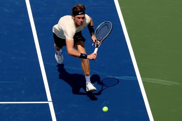 Andrey Rublev of Russia chases after a shot to Daniil Medvedev of Russia during the semifinals of the Western & Southern Open at Lindner Family...