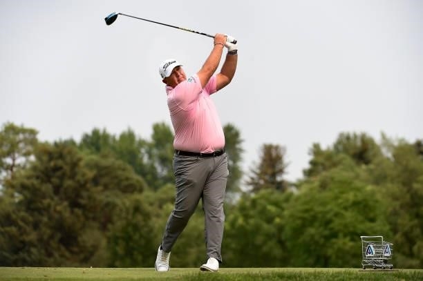 Scott Gutschewski hits his tee shot on the sixth hole during the round three of the Albertsons Boise Open at Hillcrest Country Club on August 21,...