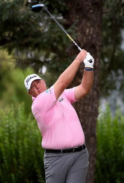 Scott Gutschewski hits his tee shot on the second hole during the round three of the Albertsons Boise Open at Hillcrest Country Club on August 21,...