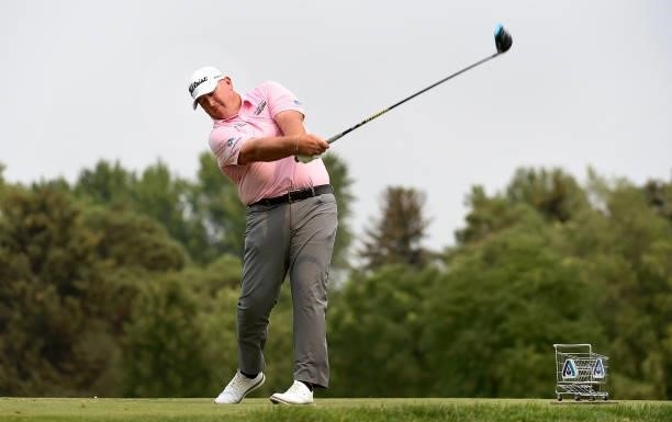 Scott Gutschewski hits his tee shot on the sixth hole during the round three of the Albertsons Boise Open at Hillcrest Country Club on August 21,...