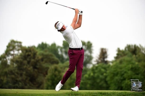 Kelly Kraft hits his tee shot on the sixth hole during the round three of the Albertsons Boise Open at Hillcrest Country Club on August 21, 2021 in...