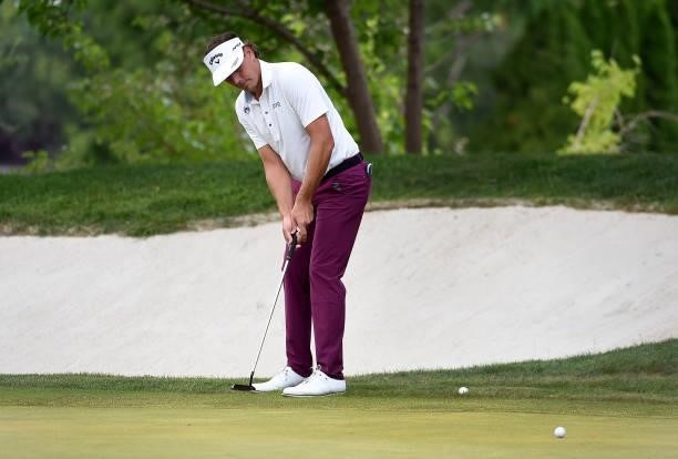 Kelly Kraft hits his putt on the fifth hole during the round three of the Albertsons Boise Open at Hillcrest Country Club on August 21, 2021 in...
