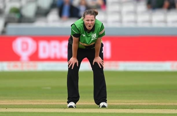 Anya Shrubsole of Southern Brave reacts during The Hundred Final match between Southern Brave Women and Oval Invincibles Women at Lord's Cricket...