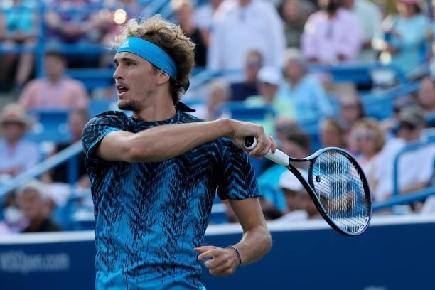 Alexander Zverev of Germany plays a forehand during his match against Stefanos Tsitsipas of Greece during Western & Southern Open - Day 7 at the...