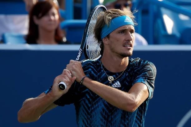 Alexander Zverev of Germany plays a backhand during his match against Stefanos Tsitsipas of Greece during Western & Southern Open - Day 7 at the...