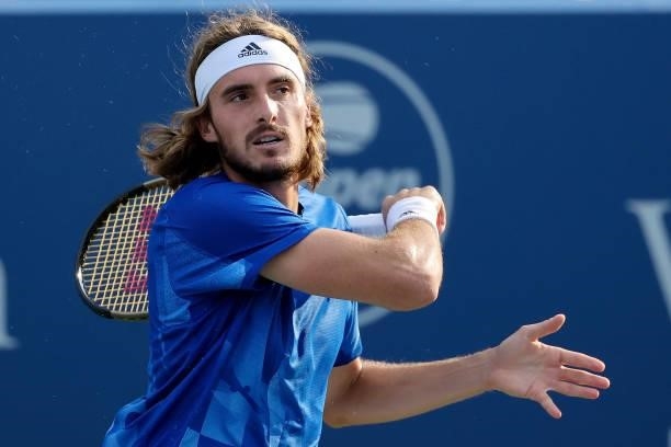 Stefanos Tsitsipas of Greece plays a forehand during his match against Alexander Zverev of Germany during Western & Southern Open - Day 7 at the...