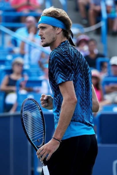 Alexander Zverev of Germany reacts after winning a point during his match against Stefanos Tsitsipas of Greece during Western & Southern Open - Day 7...