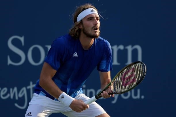 Stefanos Tsitsipas of Greece waits to receive a serve during his match against Alexander Zverev of Germany during Western & Southern Open - Day 7 at...