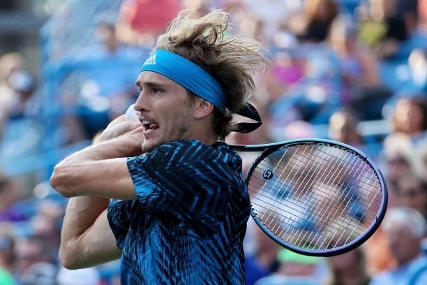 Alexander Zverev of Germany plays a backhand during his match against Stefanos Tsitsipas of Greece during Western & Southern Open - Day 7 at the...