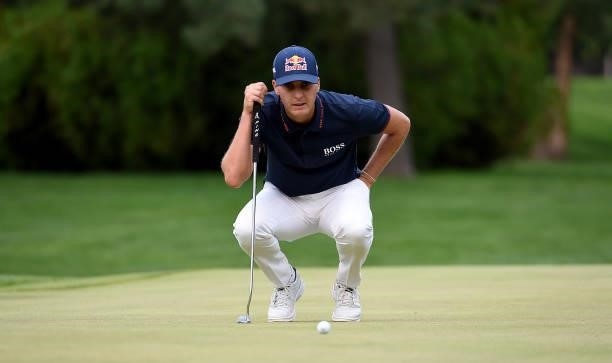 Matthias Schwab of Austria lines up his putt during the round three of the Albertsons Boise Open at Hillcrest Country Club on August 21, 2021 in...