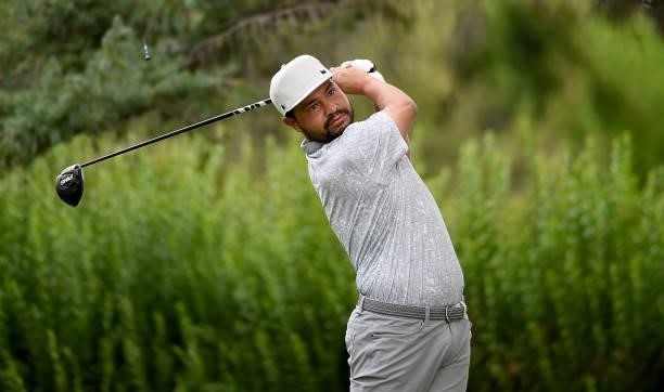 Spaun hits his tee shot on the second hole during the round three of the Albertsons Boise Open at Hillcrest Country Club on August 21, 2021 in Boise,...