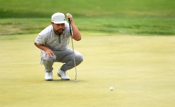 Spaun lines up his putt on the fifth hole during the round three of the Albertsons Boise Open at Hillcrest Country Club on August 21, 2021 in Boise,...