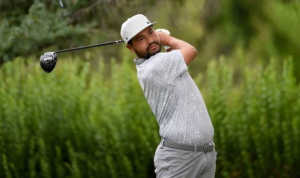 Spaun hits his tee shot on the second hole during the round three of the Albertsons Boise Open at Hillcrest Country Club on August 21, 2021 in Boise,...