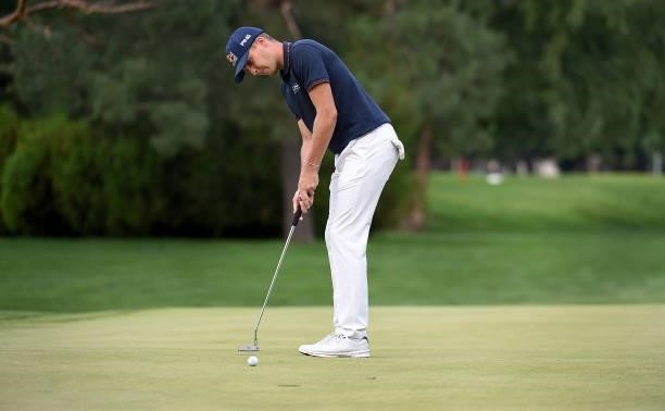 Matthias Schwab of Austria hits his putt during the round three of the Albertsons Boise Open at Hillcrest Country Club on August 21, 2021 in Boise,...