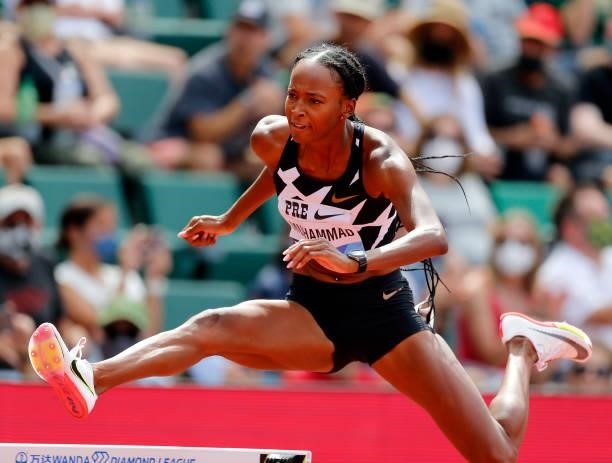 Dalilah Muhammad of the United States wins the 400m hurdle race during the Wanda Diamond League Prefontaine Classic at Hayward Field on August 21,...