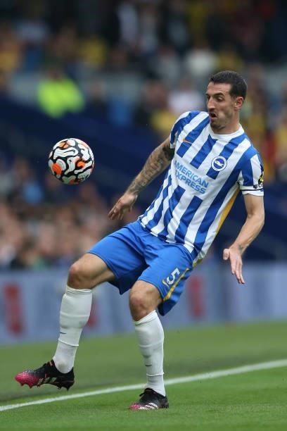 Lewis Dunk of Brighton & Hove Albion controls the ball during the Premier League match between Brighton & Hove Albion and Watford at American Express...