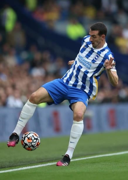 Lewis Dunk of Brighton & Hove Albion controls the ball during the Premier League match between Brighton & Hove Albion and Watford at American Express...