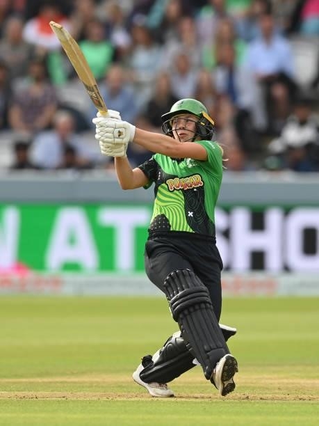 Tara Norris of Southern Brave bats during The Hundred Final match between Southern Brave Women and Oval Invincibles Women at Lord's Cricket Ground on...