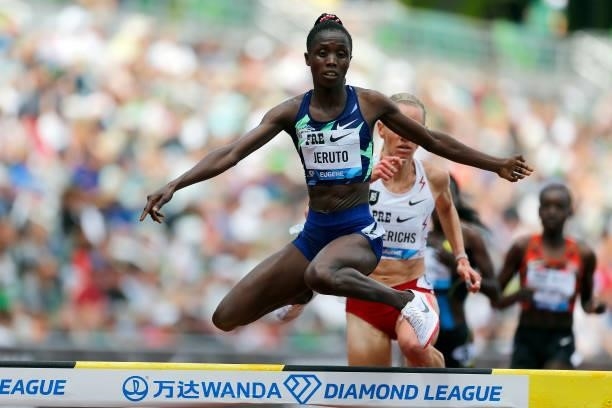 Norah Jeruto of Kenya competes in the 300m Steeplechase durnig the Wanda Diamond League Prefontaine Classic at Hayward Field on August 21, 2021 in...