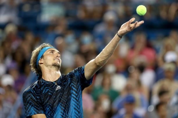 Alexander Zverev of Germany serves to Stefanos Tsitsipas of Greece during the semifinals of the Western & Southern Open at Lindner Family Tennis...