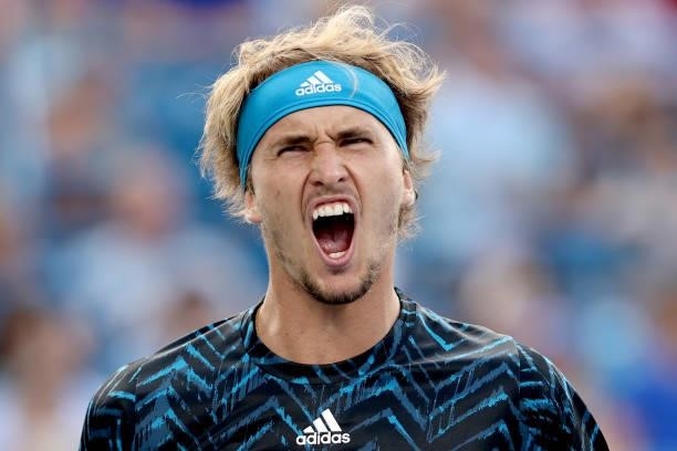 Alexander Zverev of Germany celebrates while playing Stefanos Tsitsipas of Greece during the semifinals of the Western & Southern Open at Lindner...