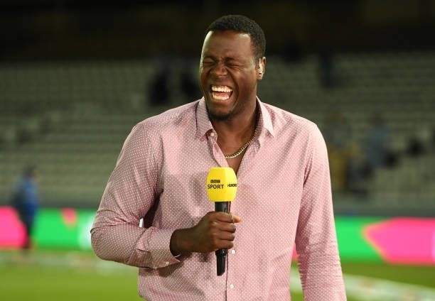 Carlos Brathwaite working for BBC television after The Hundred Final match between Birmingham Phoenix Men and Southern Brave Men at Lord's Cricket...