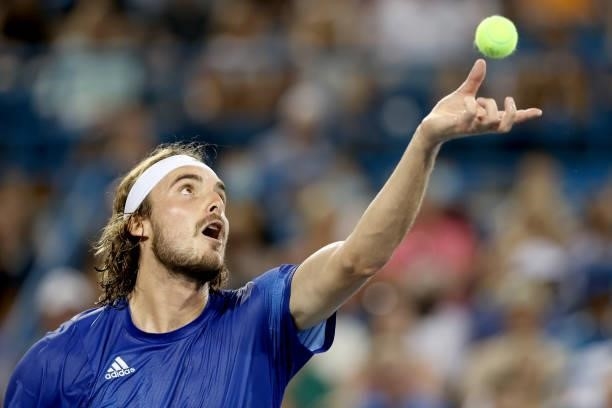 Stefanos Tsitsipas of Greece serves to Alexander Zverev of Germany during the semifinals of the Western & Southern Open at Lindner Family Tennis...