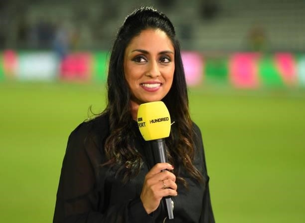 Isa Guha working for BBC television after The Hundred Final match between Birmingham Phoenix Men and Southern Brave Men at Lord's Cricket Ground on...