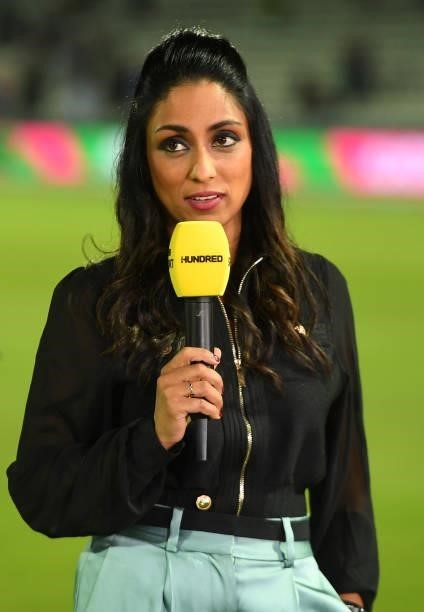 Isa Guha working for BBC television after The Hundred Final match between Birmingham Phoenix Men and Southern Brave Men at Lord's Cricket Ground on...