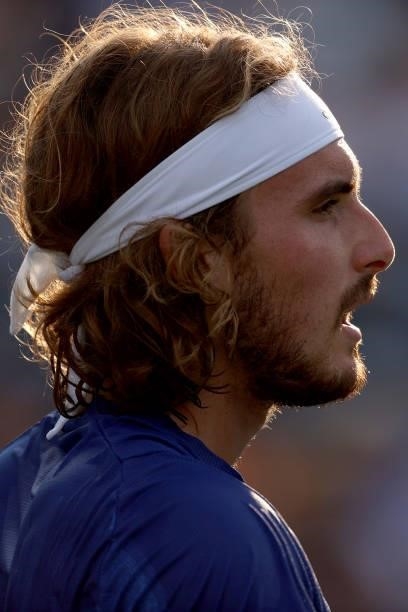 Stefanos Tsitsipas of Greece plays Alexander Zverev of Germany during the semifinals of the Western & Southern Open at Lindner Family Tennis Center...