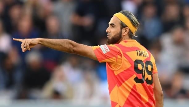 Imran Tahir of Birmingham Phoenix points during The Hundred Final match between Birmingham Phoenix Men and Southern Brave Men at Lord's Cricket...
