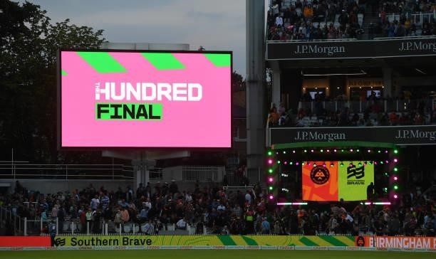 One of the big screens during The Hundred Final match between Birmingham Phoenix Men and Southern Brave Men at Lord's Cricket Ground on August 21,...